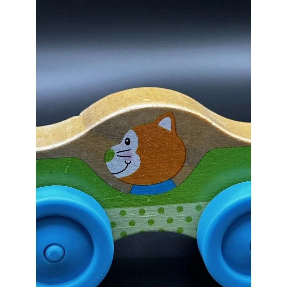Melissa and Doug Stackable Car Wooden Toy orange‎ cat driver blue wheels 4”
